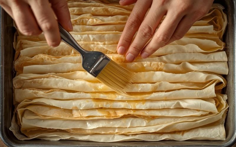 Bhakhlava Cheesecake Recipe – Creamy, Crunchy, and Delicious phyllo sheets in the pan