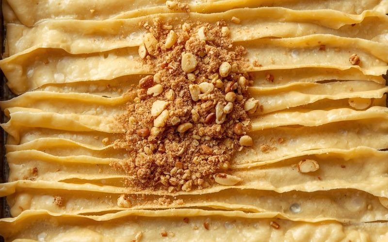 Bhakhlava Cheesecake Recipe – Creamy, Crunchy, and Delicious Sprinkle half the nut mixture over the phyllo