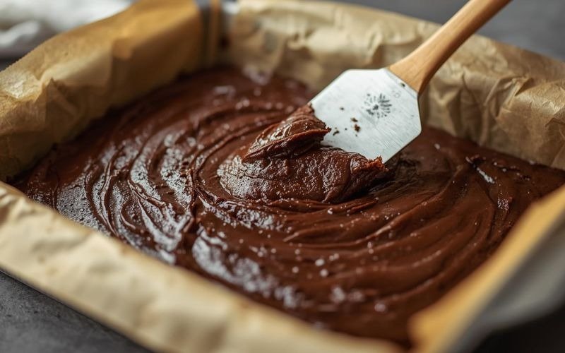 Pour brownie batter into your prepared pan and spread evenly