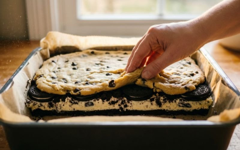 Press chilled cookie dough over the Oreo layer